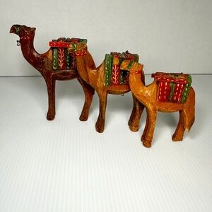 Vintage Hand Carved Olive Wood 3 Camels And 1-Donkey And Rider Figurines ISRAEL